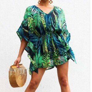 Tropical Leaf Print Romper - Flowy Kimono Sleeves | Resort Vibes